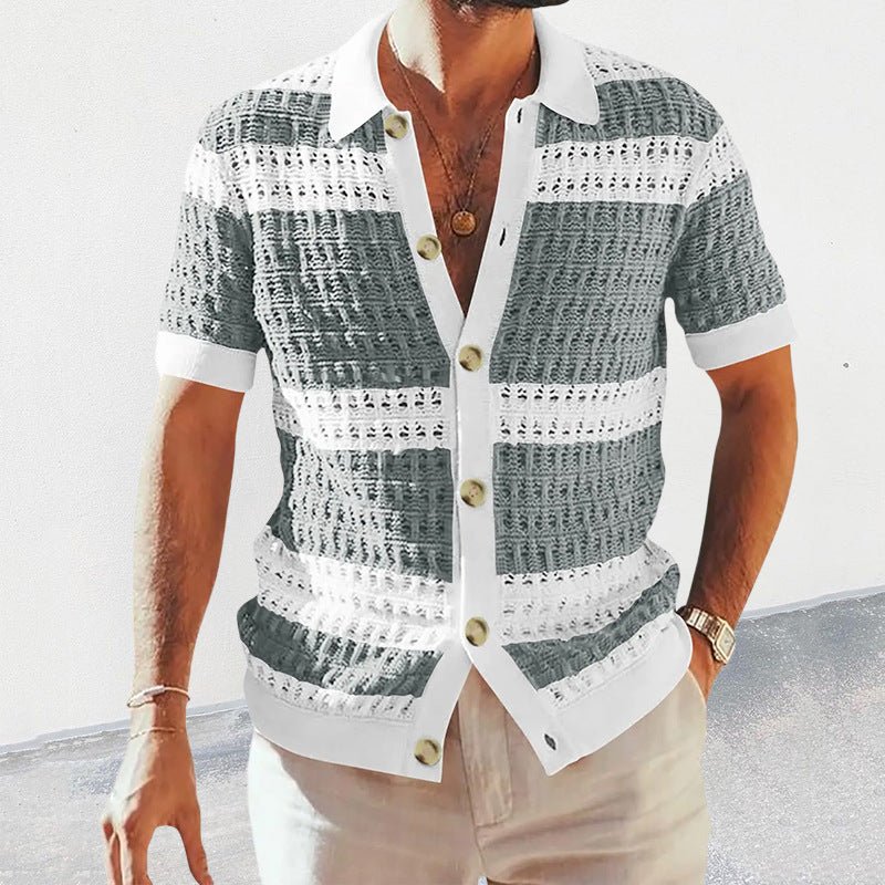 Men's Vintage Crochet Knit Polo Shirt - VibeVaultSupply