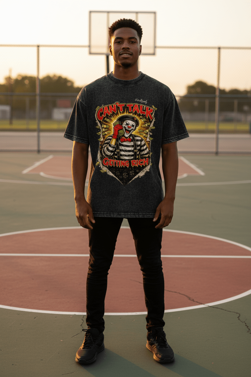 “Can’t Talk Getting Rich” Vintage Washed Graphic T-Shirt – Money Mindset Streetwear Tee | VibeVaultSupply - VibeVaultSupply