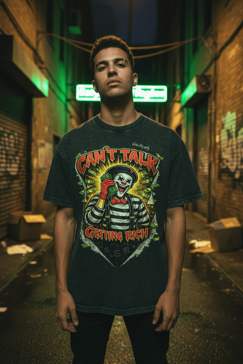 “Can’t Talk Getting Rich” Vintage Washed Graphic T-Shirt – Money Mindset Streetwear Tee | VibeVaultSupply - VibeVaultSupply