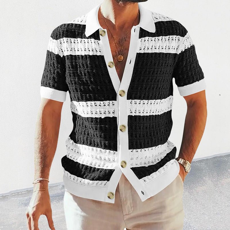 Men's Vintage Crochet Knit Polo Shirt - VibeVaultSupply