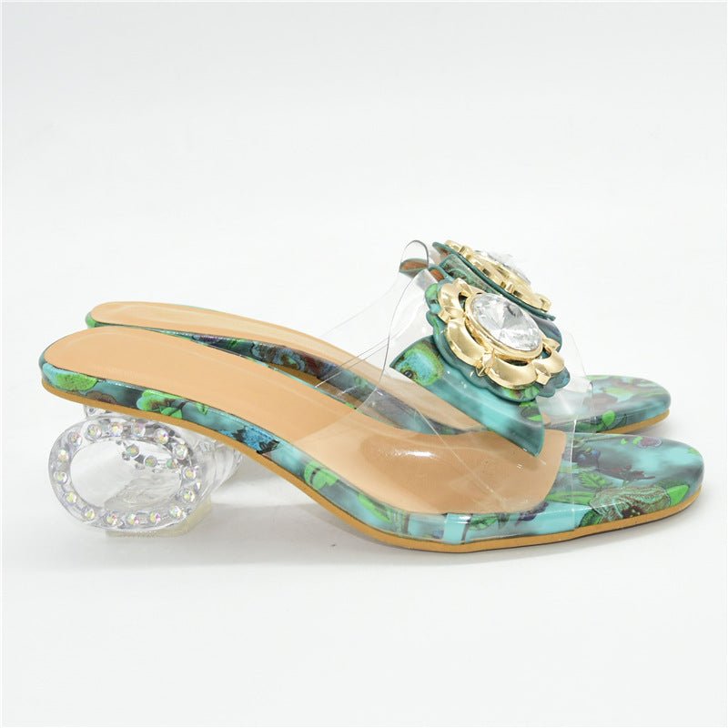 Women's Rhinestone Transparent Block Heel Sandals - VibeVaultSupply