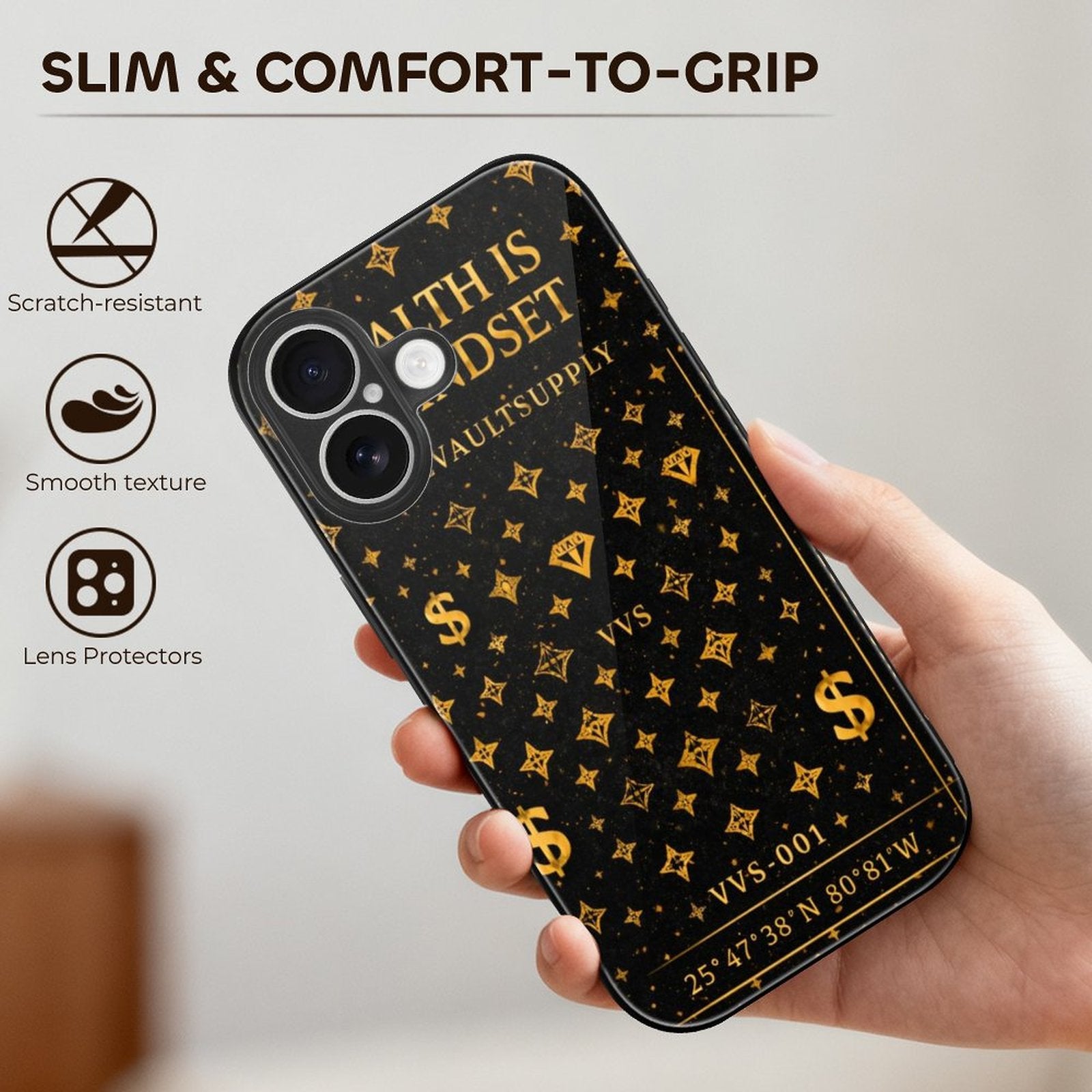 Wealth Is A Mindset Glass iPhone Case – Black & Gold Luxury Phone Case | VibeVaultSupply - VibeVaultSupply