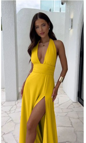 Women's Halter Neck Maxi Dress – Backless High Slit Gown - VibeVaultSupply