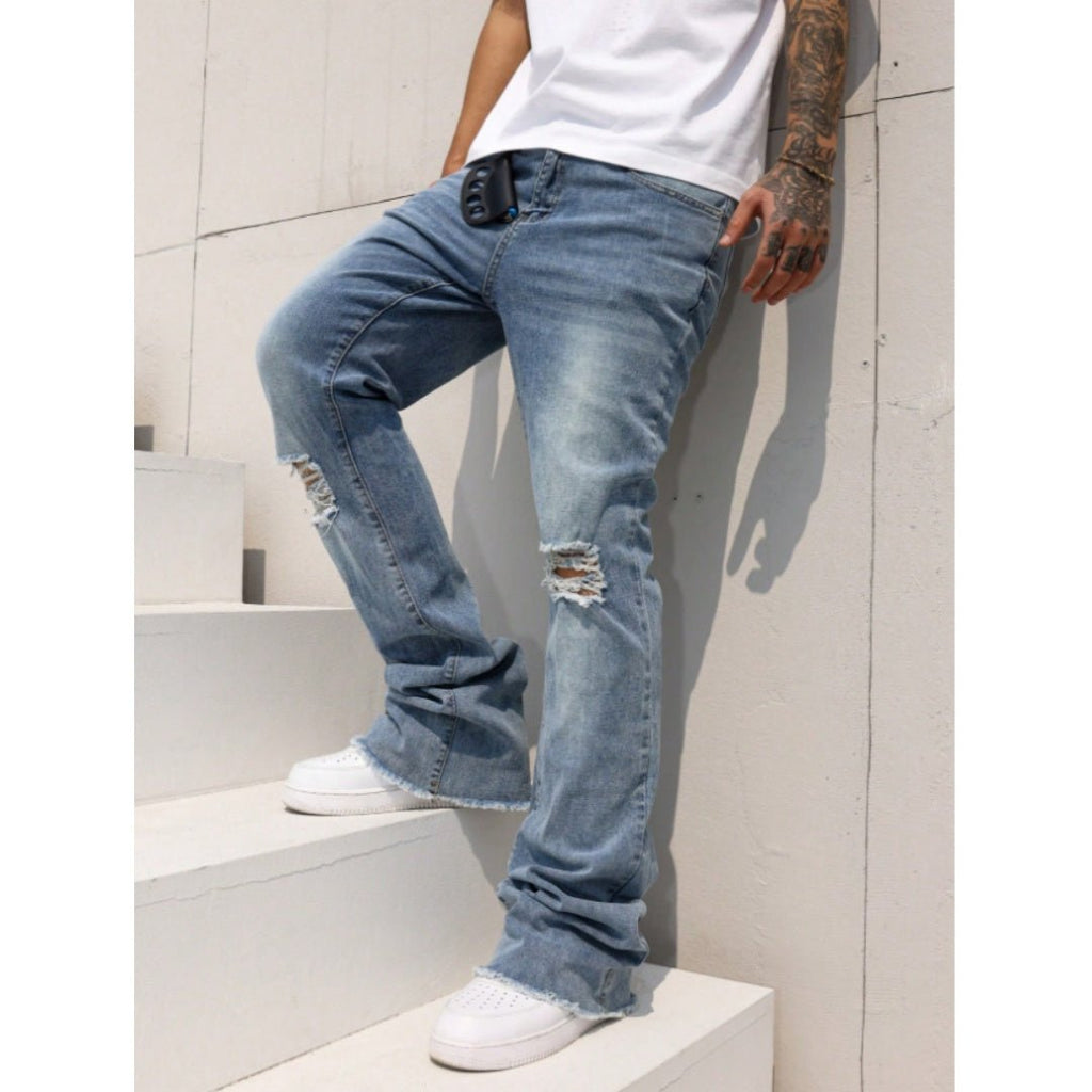 Men's Vintage Wash Ripped Wide Leg Jeans - VibeVaultSupply