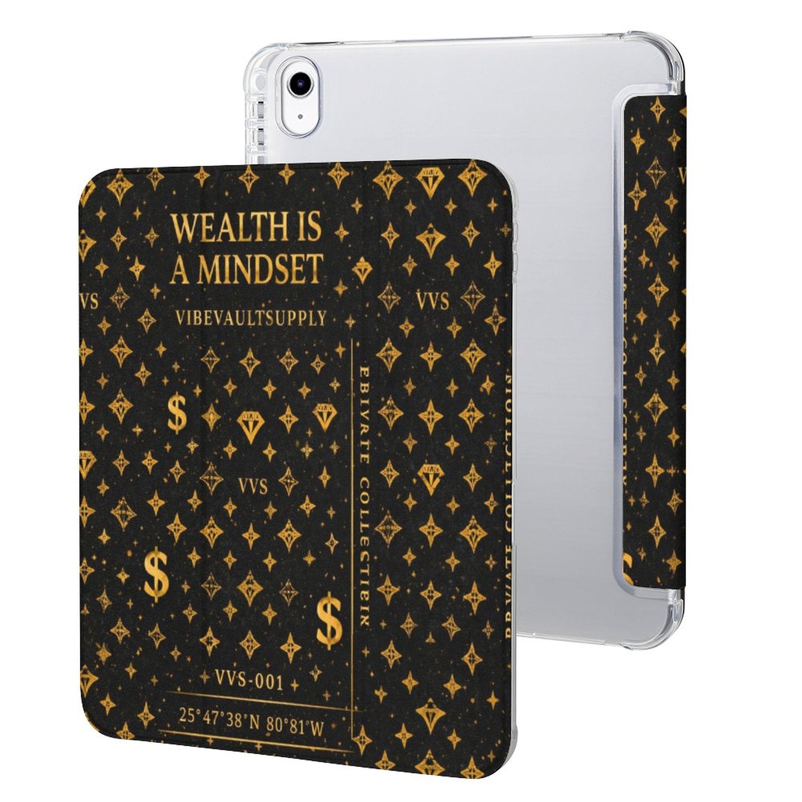 Wealth Is A Mindset iPad Case – Black & Gold Luxury Tablet Case with Pencil Holder | VibeVaultSupply - VibeVaultSupply