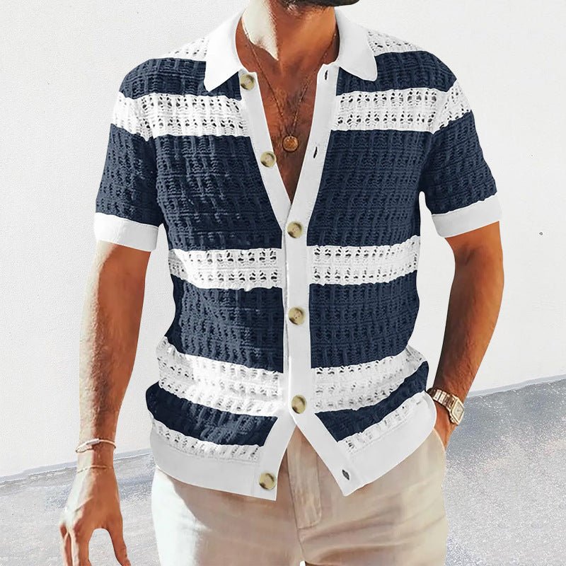 Men's Vintage Crochet Knit Polo Shirt - VibeVaultSupply