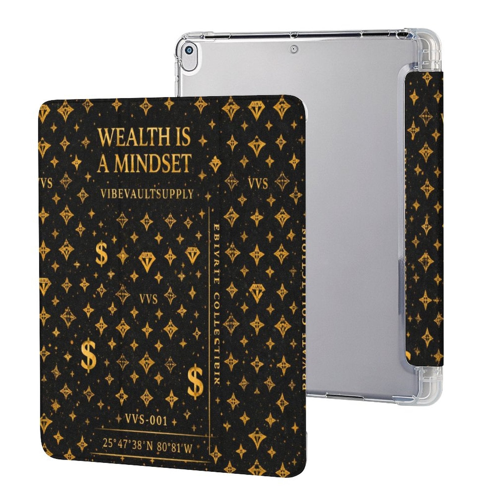 Wealth Is A Mindset iPad Case – Black & Gold Luxury Tablet Case with Pencil Holder | VibeVaultSupply - VibeVaultSupply