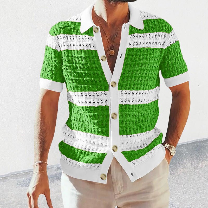 Men's Vintage Crochet Knit Polo Shirt - VibeVaultSupply