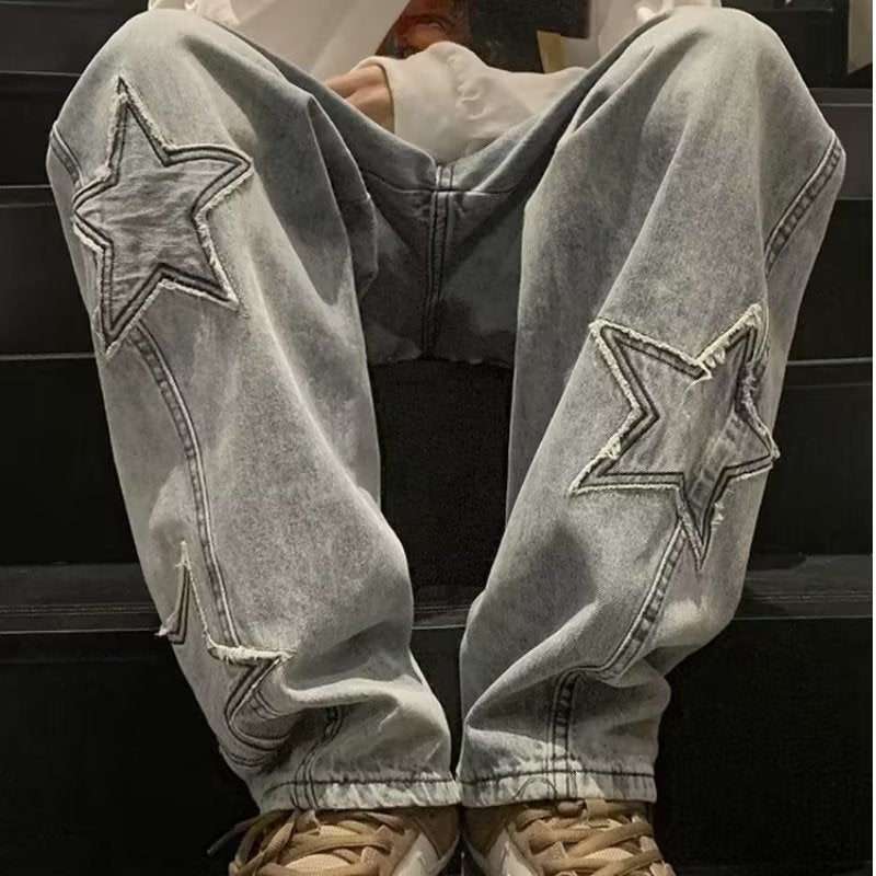 Men's Star Embroidered Wide Leg Jeans – Y2K Streetwear Denim - VibeVaultSupply