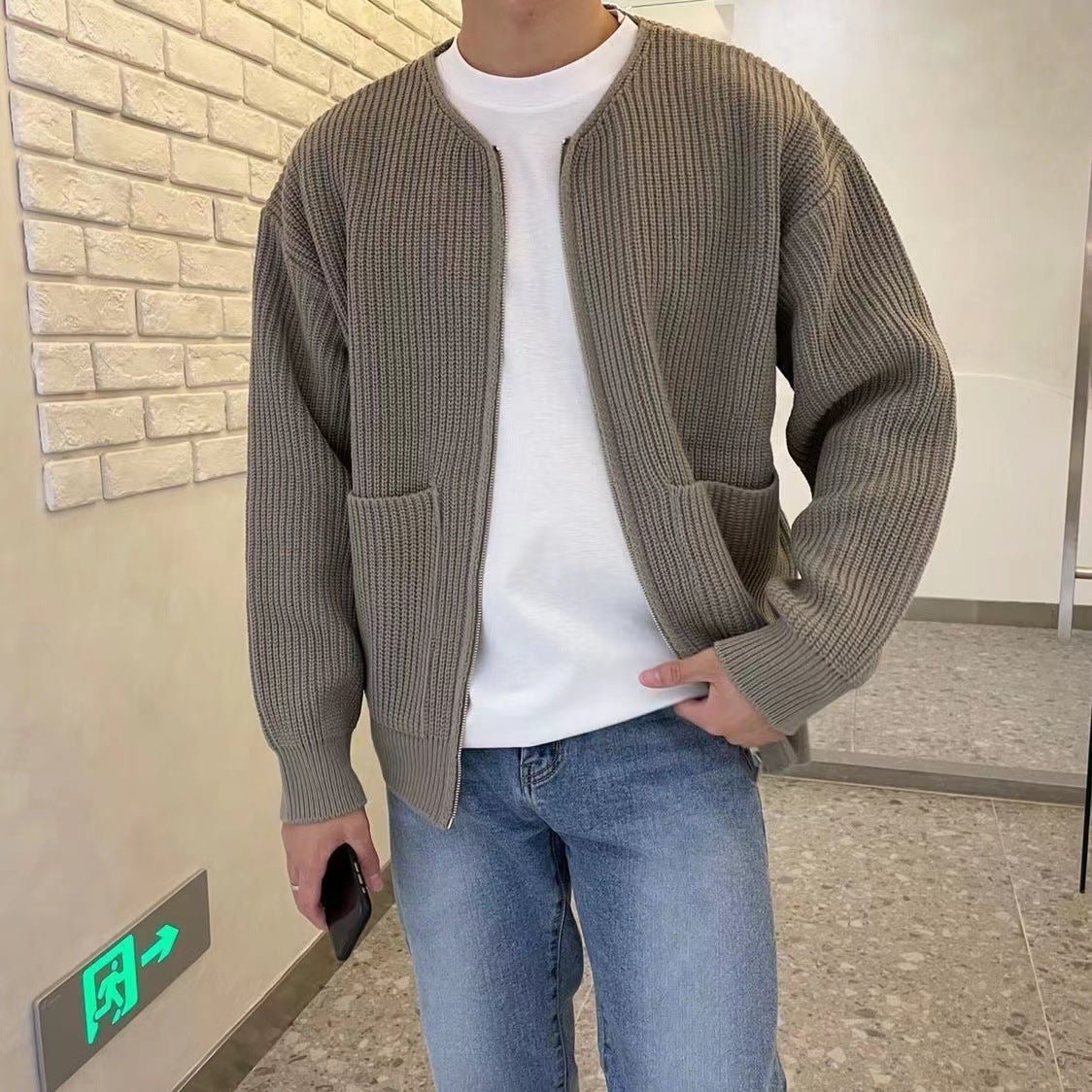 Men's Oversized Ribbed Knit Zip Cardigan Jacket - VibeVaultSupply