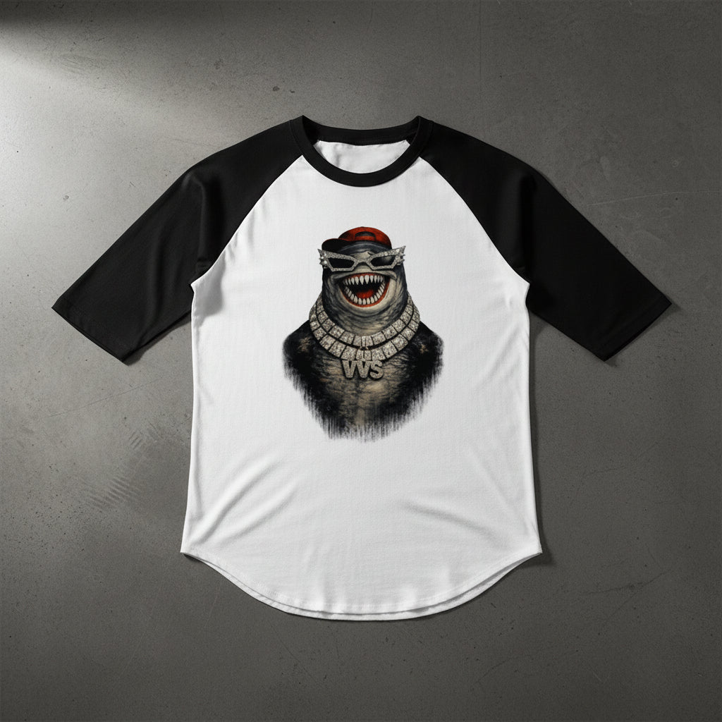 Shark Graphic Raglan T-Shirt – 3/4 Sleeve Baseball Tee | VibeVaultSupply - VibeVaultSupply