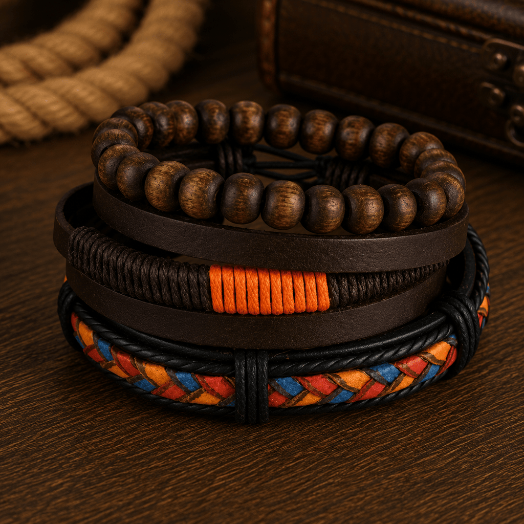 Adjustable Leather & Beaded Bracelet Set – Men’s & Unisex Stackable Jewelry - VibeVaultSupply