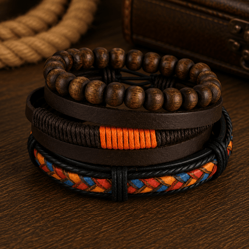 Adjustable Leather & Beaded Bracelet Set – Men’s & Unisex Stackable Jewelry - VibeVaultSupply
