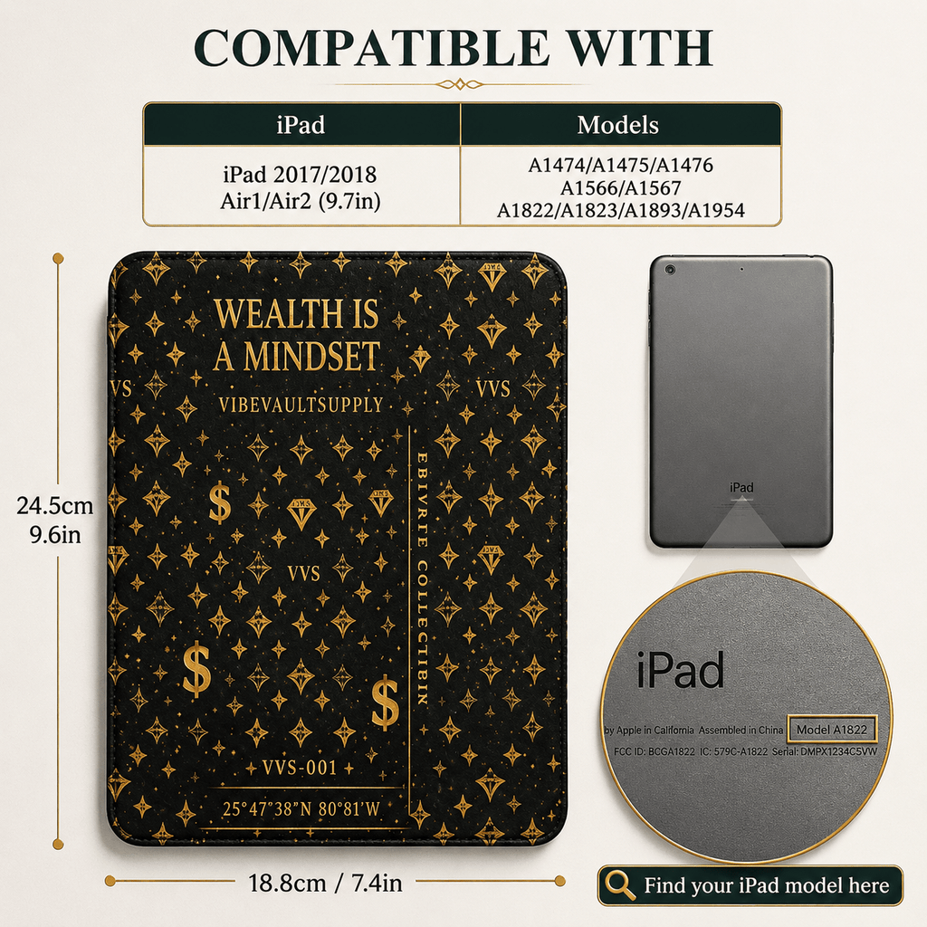 Wealth Is A Mindset iPad Case – Black & Gold Luxury Tablet Case with Pencil Holder | VibeVaultSupply - VibeVaultSupply