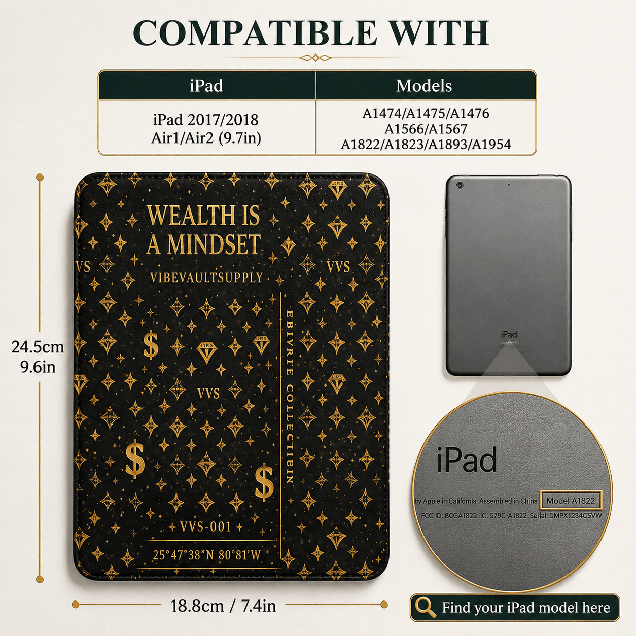 Wealth Is A Mindset iPad Case – Black & Gold Luxury Tablet Case with Pencil Holder | VibeVaultSupply - VibeVaultSupply