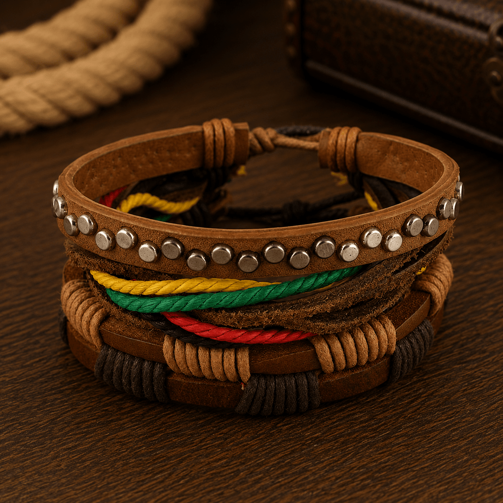 Adjustable Leather & Beaded Bracelet Set – Men’s & Unisex Stackable Jewelry - VibeVaultSupply