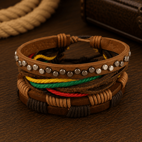 Adjustable Leather & Beaded Bracelet Set – Men’s & Unisex Stackable Jewelry - VibeVaultSupply