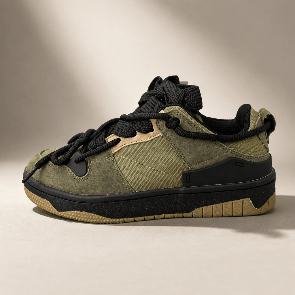 Chunky Lace - Up Sneakers: Breathable Mesh Casual Shoes – Lightweight Trainers (Black & Army Green) - VibeVaultSupply
