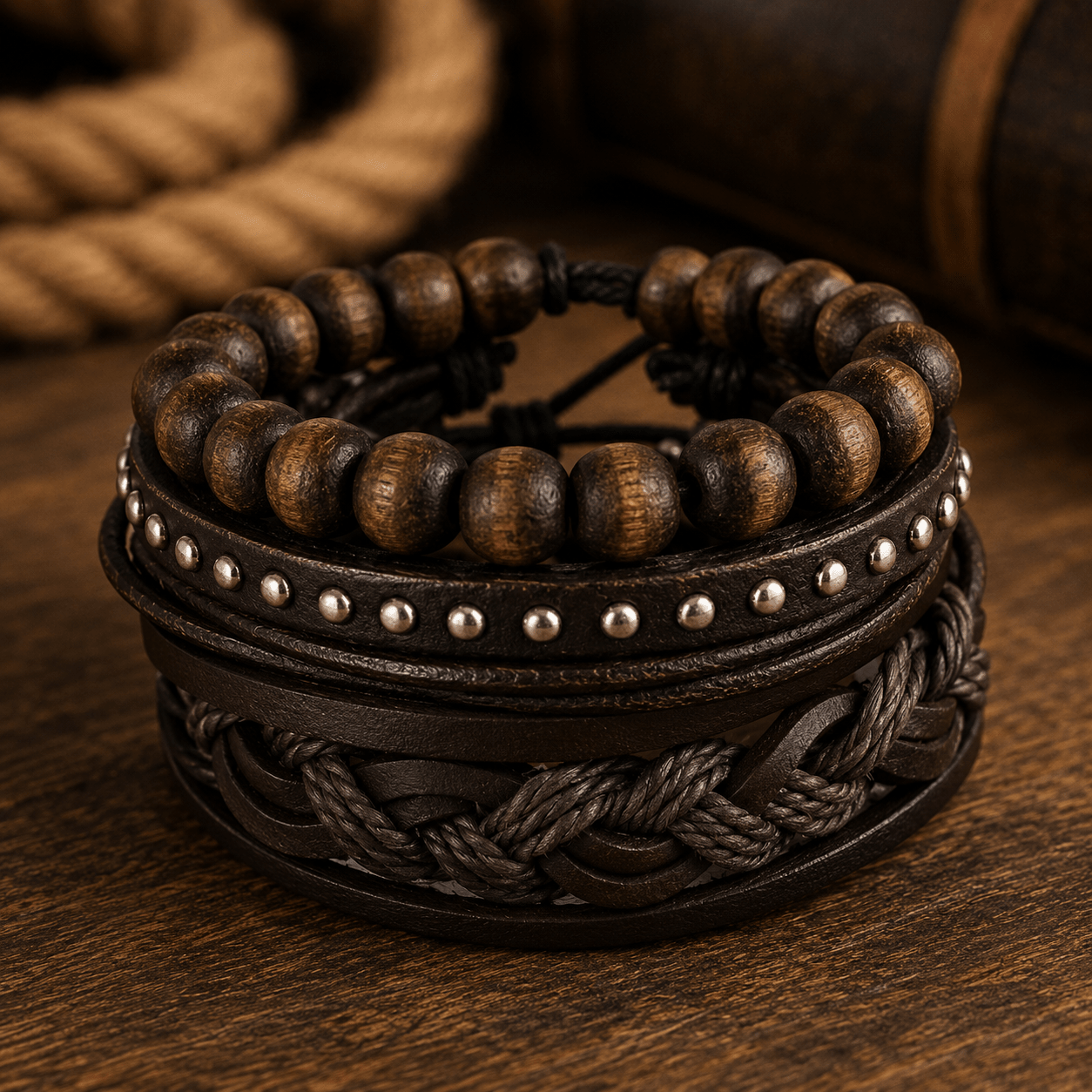 Adjustable Leather & Beaded Bracelet Set – Men’s & Unisex Stackable Jewelry - VibeVaultSupply