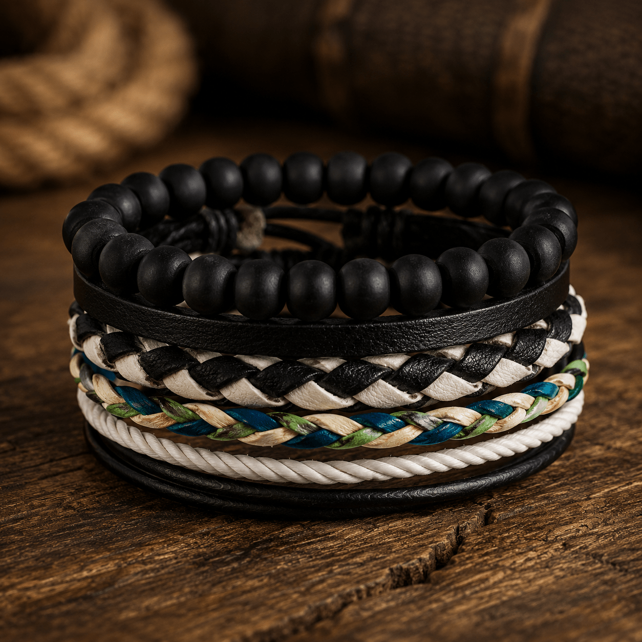 Adjustable Leather & Beaded Bracelet Set – Men’s & Unisex Stackable Jewelry - VibeVaultSupply