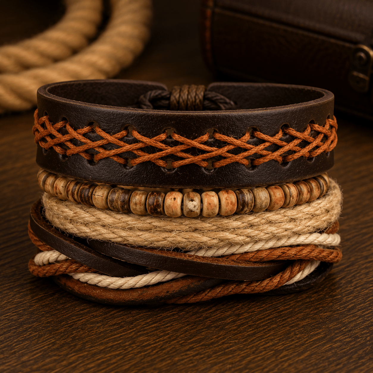 Adjustable Leather & Beaded Bracelet Set – Men’s & Unisex Stackable Jewelry - VibeVaultSupply