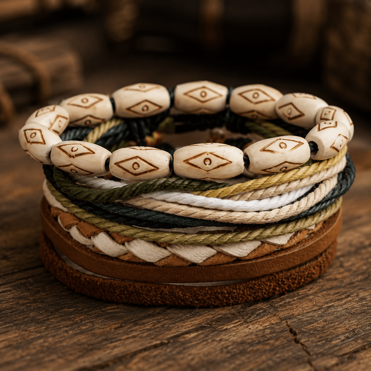 Adjustable Leather & Beaded Bracelet Set – Men’s & Unisex Stackable Jewelry - VibeVaultSupply