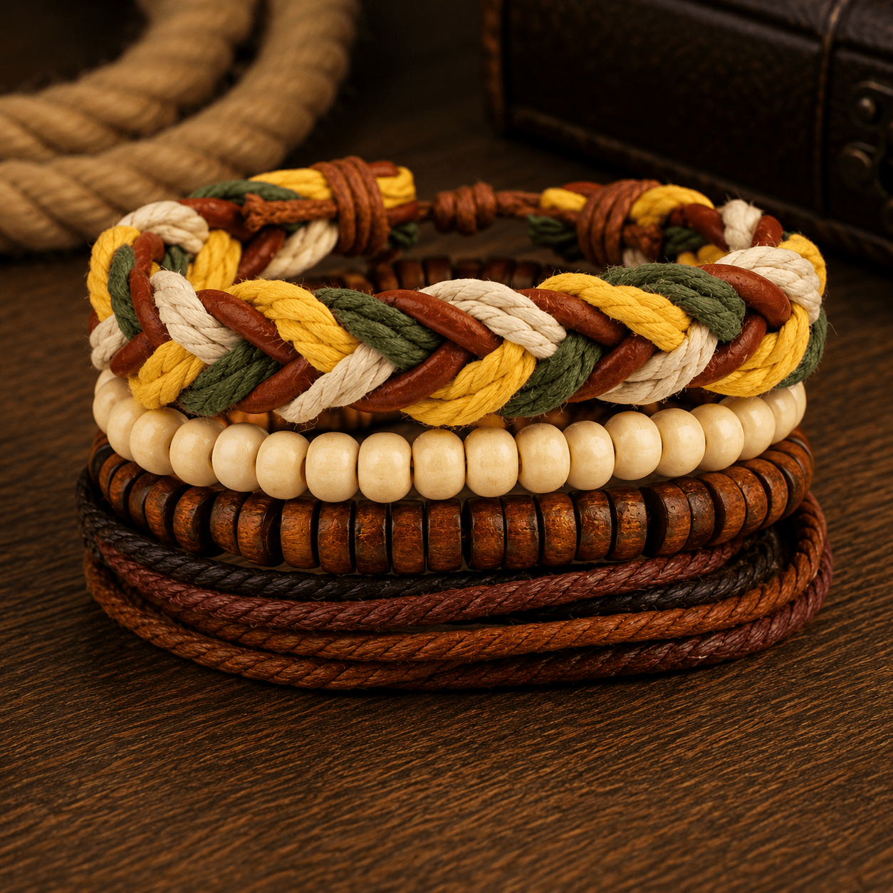 Adjustable Leather & Beaded Bracelet Set – Men’s & Unisex Stackable Jewelry - VibeVaultSupply