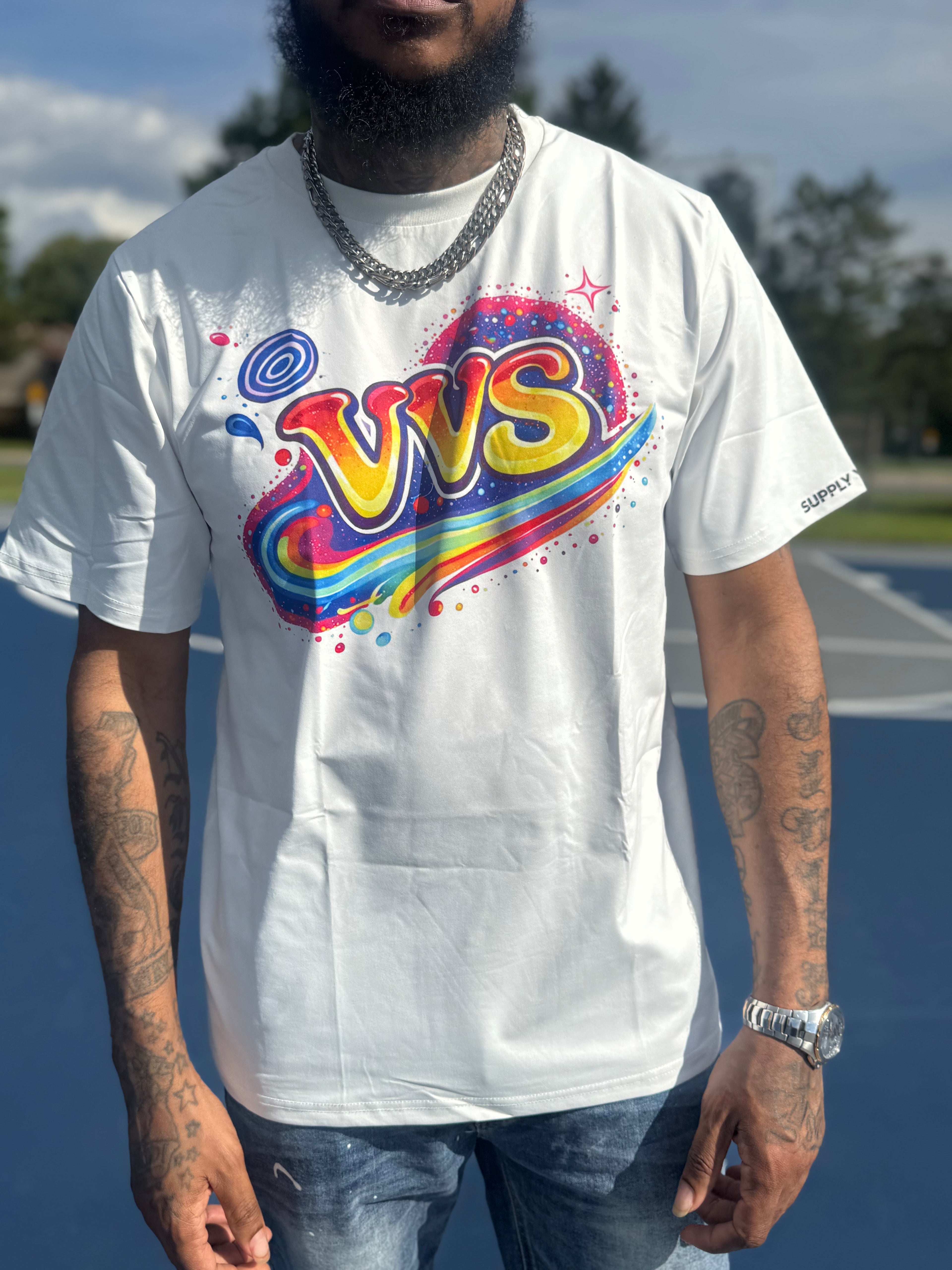 VVS Multicolor Retro Logo Graphic T-Shirt – Vintage Streetwear Tee | VibeVaultSupply