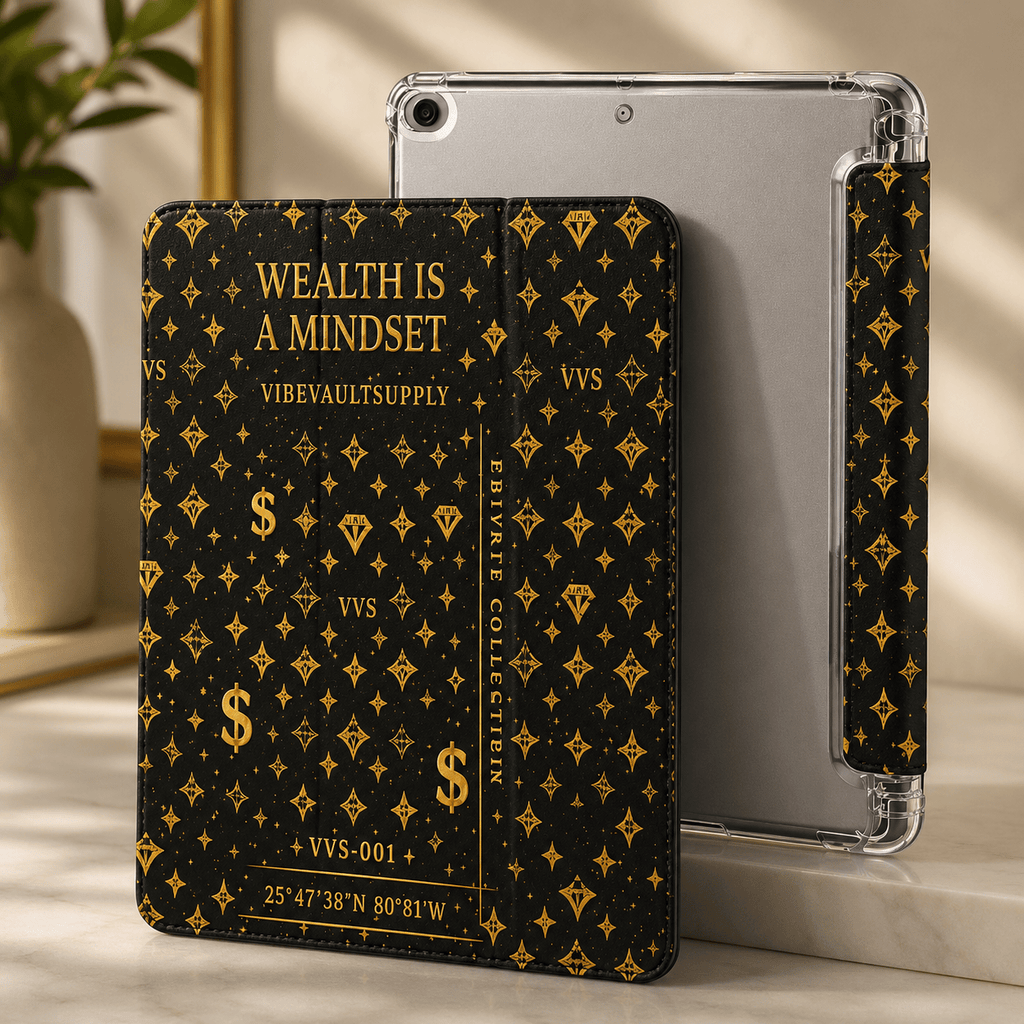 Wealth Is A Mindset iPad Case – Black & Gold Luxury Tablet Case with Pencil Holder | VibeVaultSupply - VibeVaultSupply