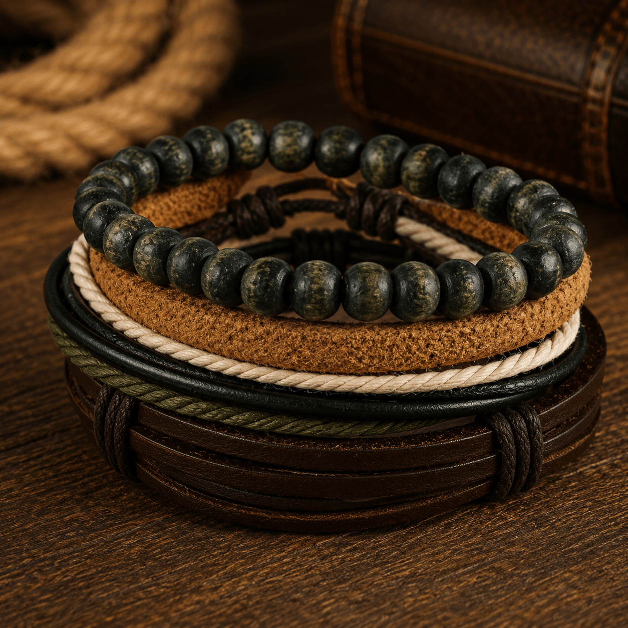 Adjustable Leather & Beaded Bracelet Set – Men’s & Unisex Stackable Jewelry - VibeVaultSupply