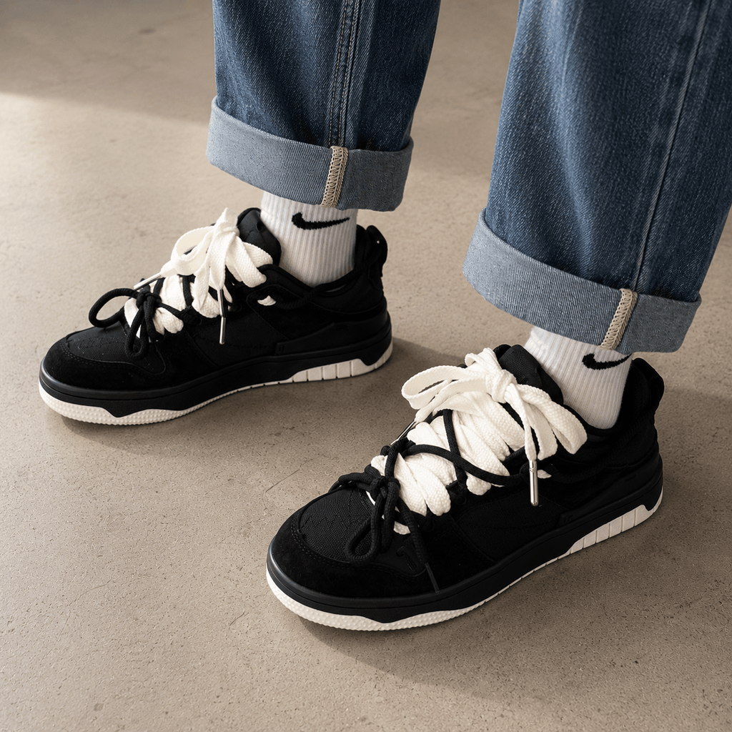 Chunky Lace - Up Sneakers: Breathable Mesh Casual Shoes – Lightweight Trainers (Black & Army Green) - VibeVaultSupply