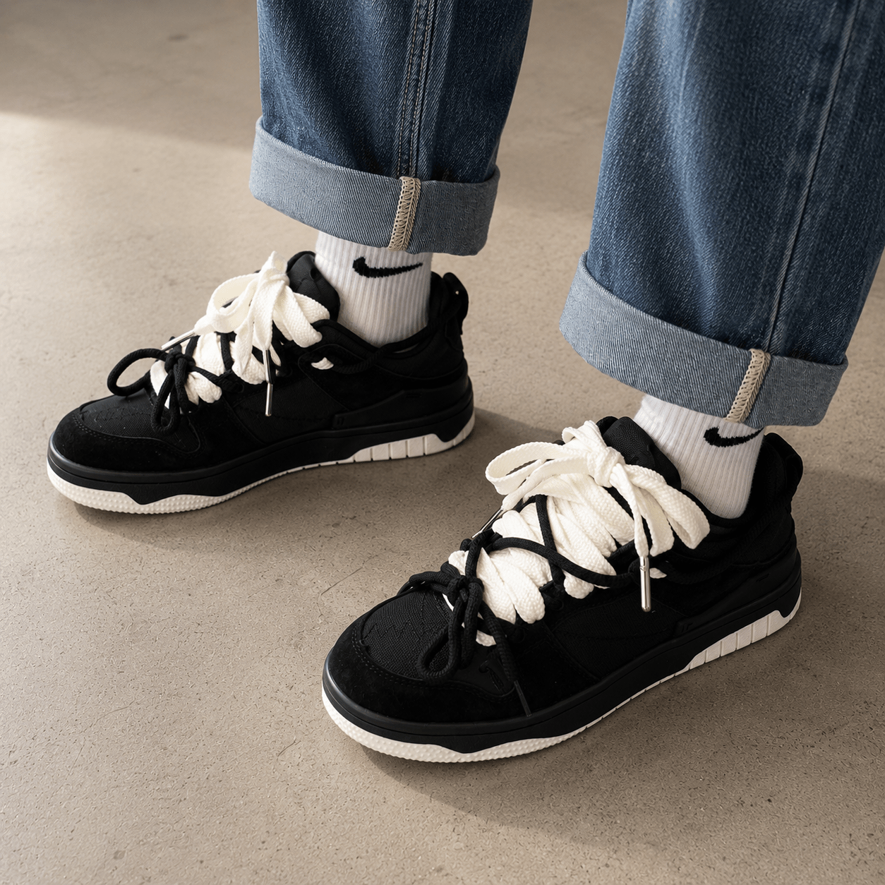Chunky Lace - Up Sneakers: Breathable Mesh Casual Shoes – Lightweight Trainers (Black & Army Green) - VibeVaultSupply