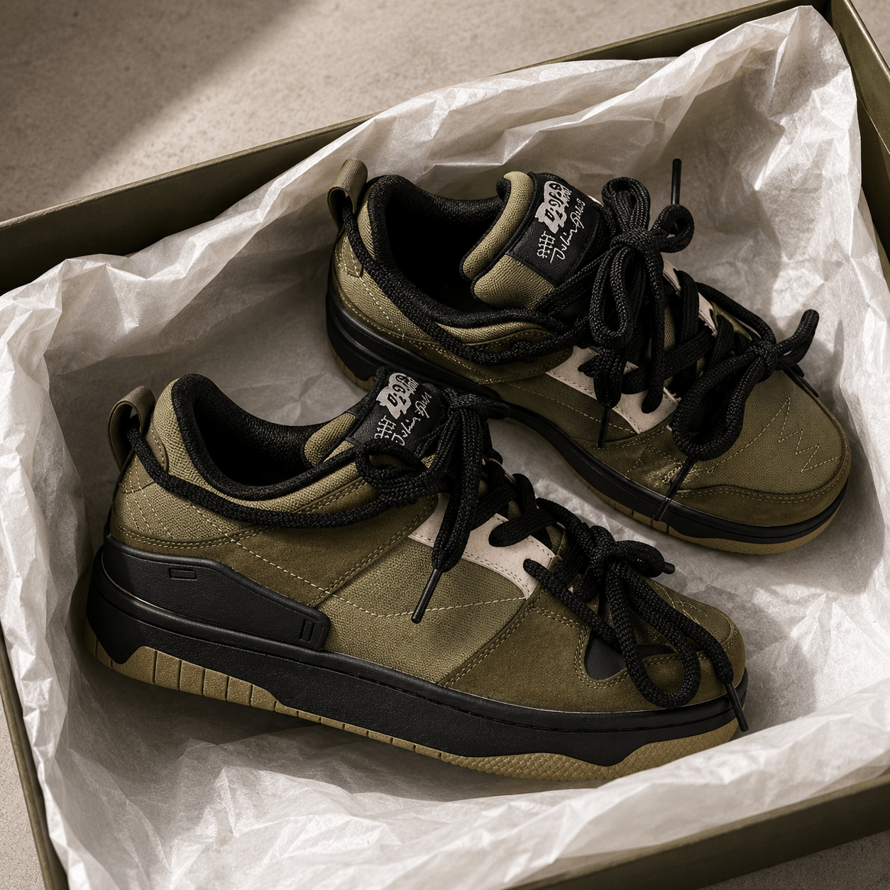 Chunky Lace - Up Sneakers: Breathable Mesh Casual Shoes – Lightweight Trainers (Black & Army Green) - VibeVaultSupply