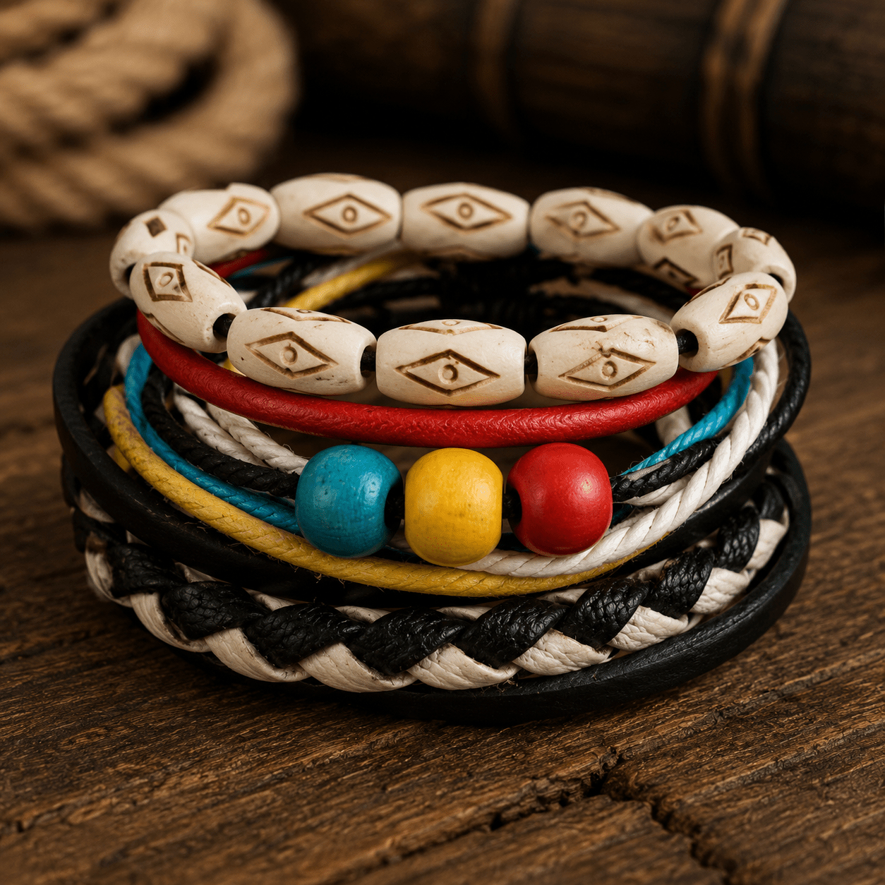 Adjustable Leather & Beaded Bracelet Set – Men’s & Unisex Stackable Jewelry - VibeVaultSupply
