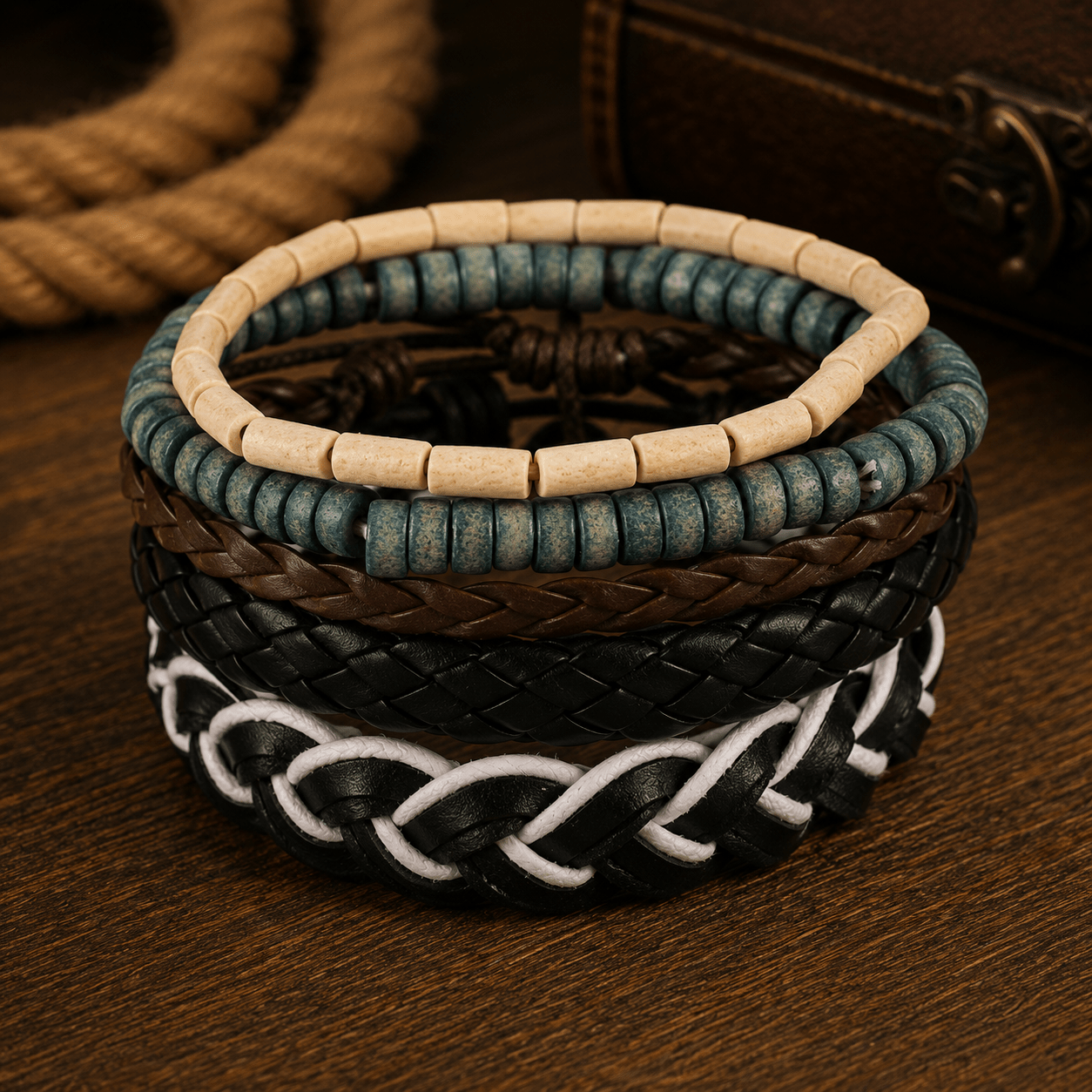 Adjustable Leather & Beaded Bracelet Set – Men’s & Unisex Stackable Jewelry - VibeVaultSupply