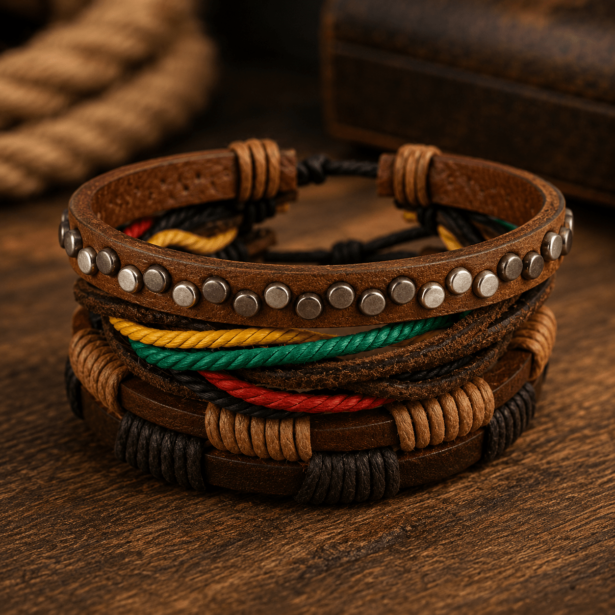 Adjustable Leather & Beaded Bracelet Set – Men’s & Unisex Stackable Jewelry - VibeVaultSupply