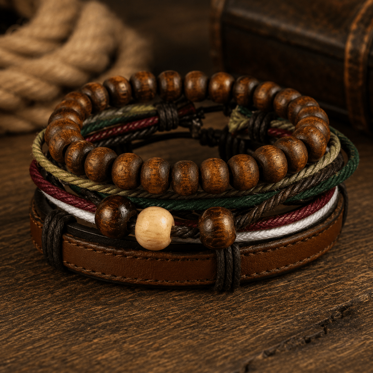 Adjustable Leather & Beaded Bracelet Set – Men’s & Unisex Stackable Jewelry - VibeVaultSupply