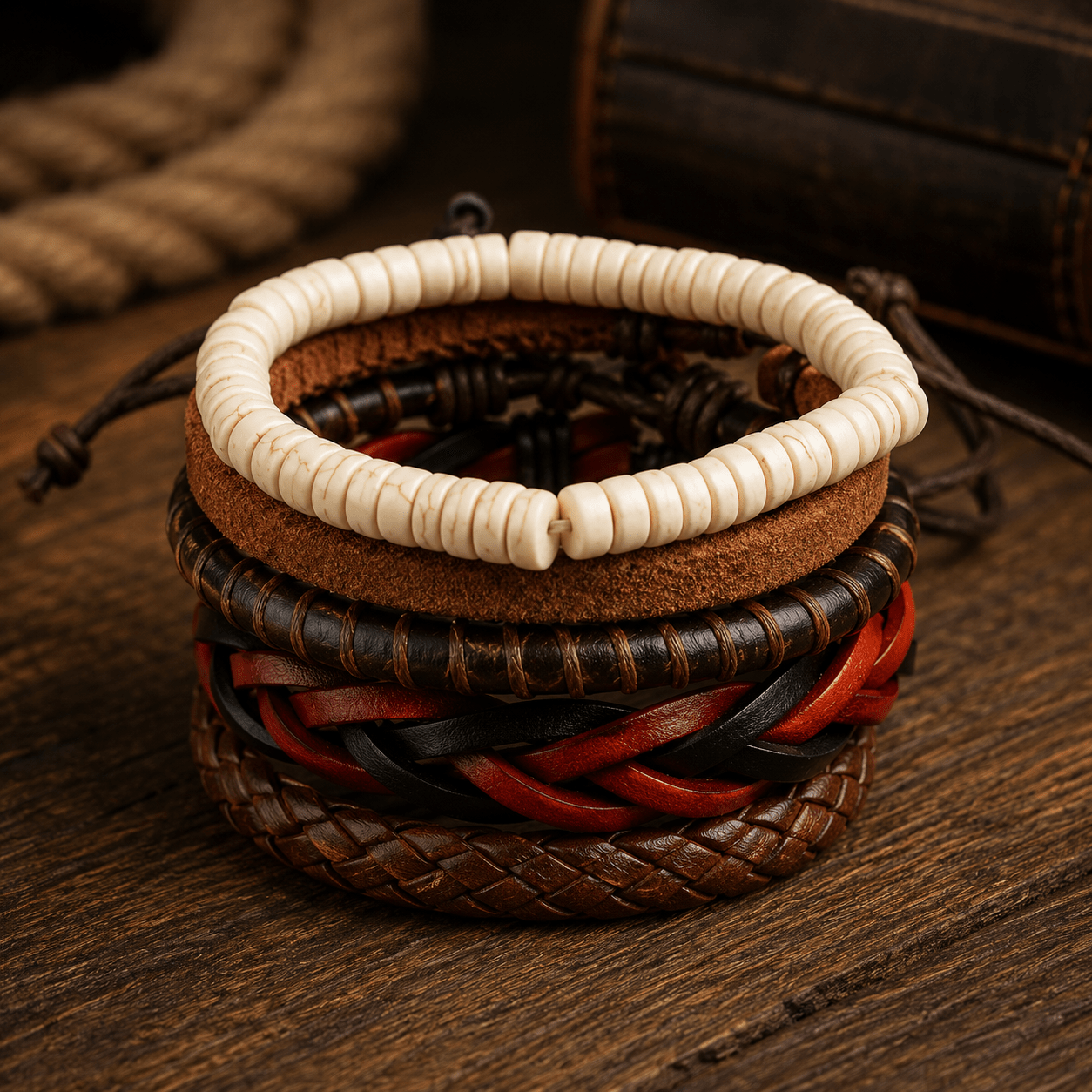 Adjustable Leather & Beaded Bracelet Set – Men’s & Unisex Stackable Jewelry - VibeVaultSupply