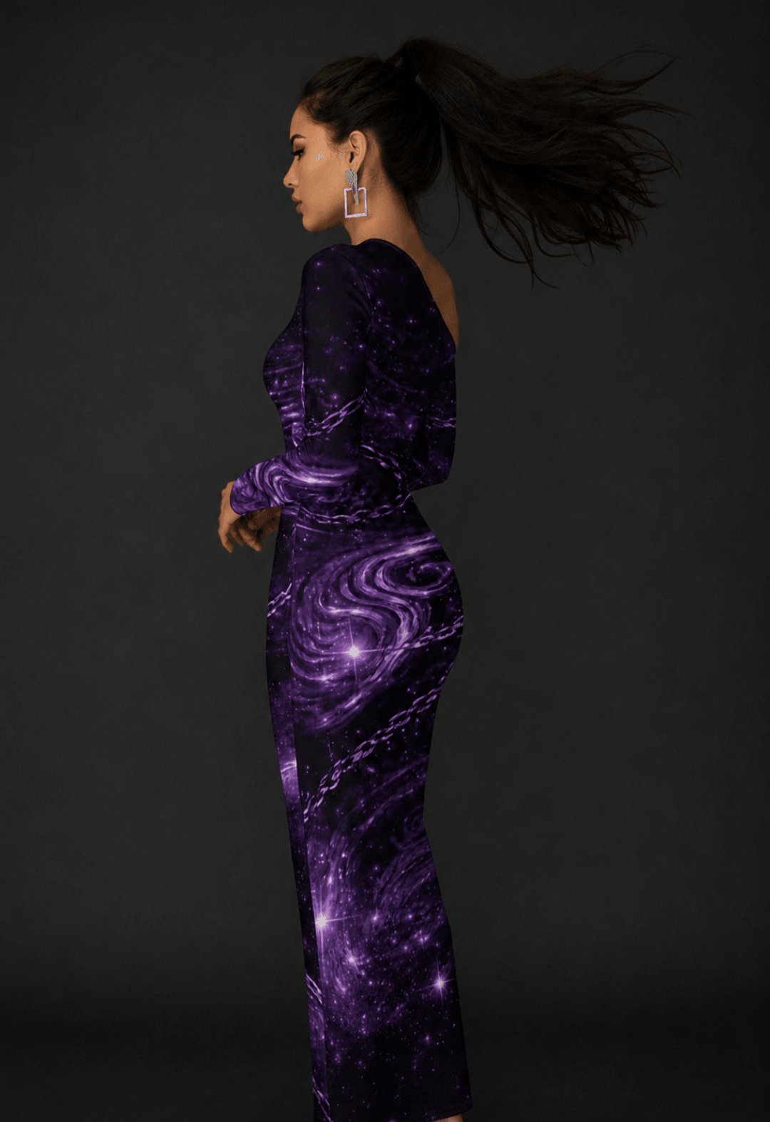 Rare Energy Galaxy Bodycon Dress – Purple Cosmic Midi Dress | VibeVault Supply - VibeVaultSupply