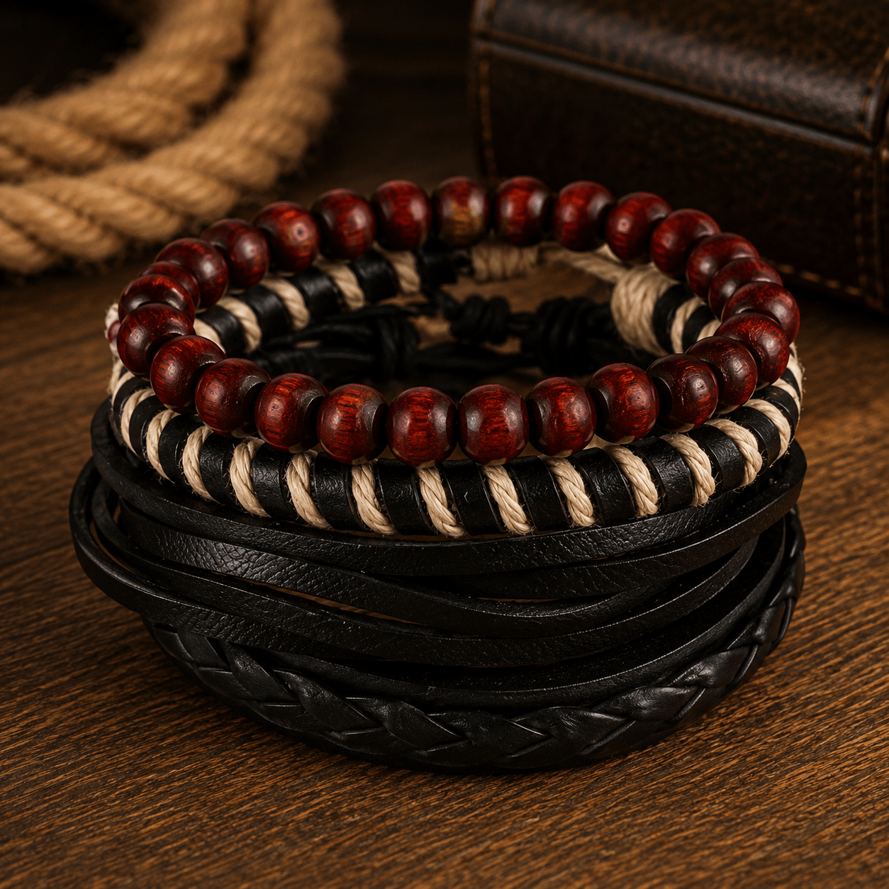 Adjustable Leather & Beaded Bracelet Set – Men’s & Unisex Stackable Jewelry - VibeVaultSupply