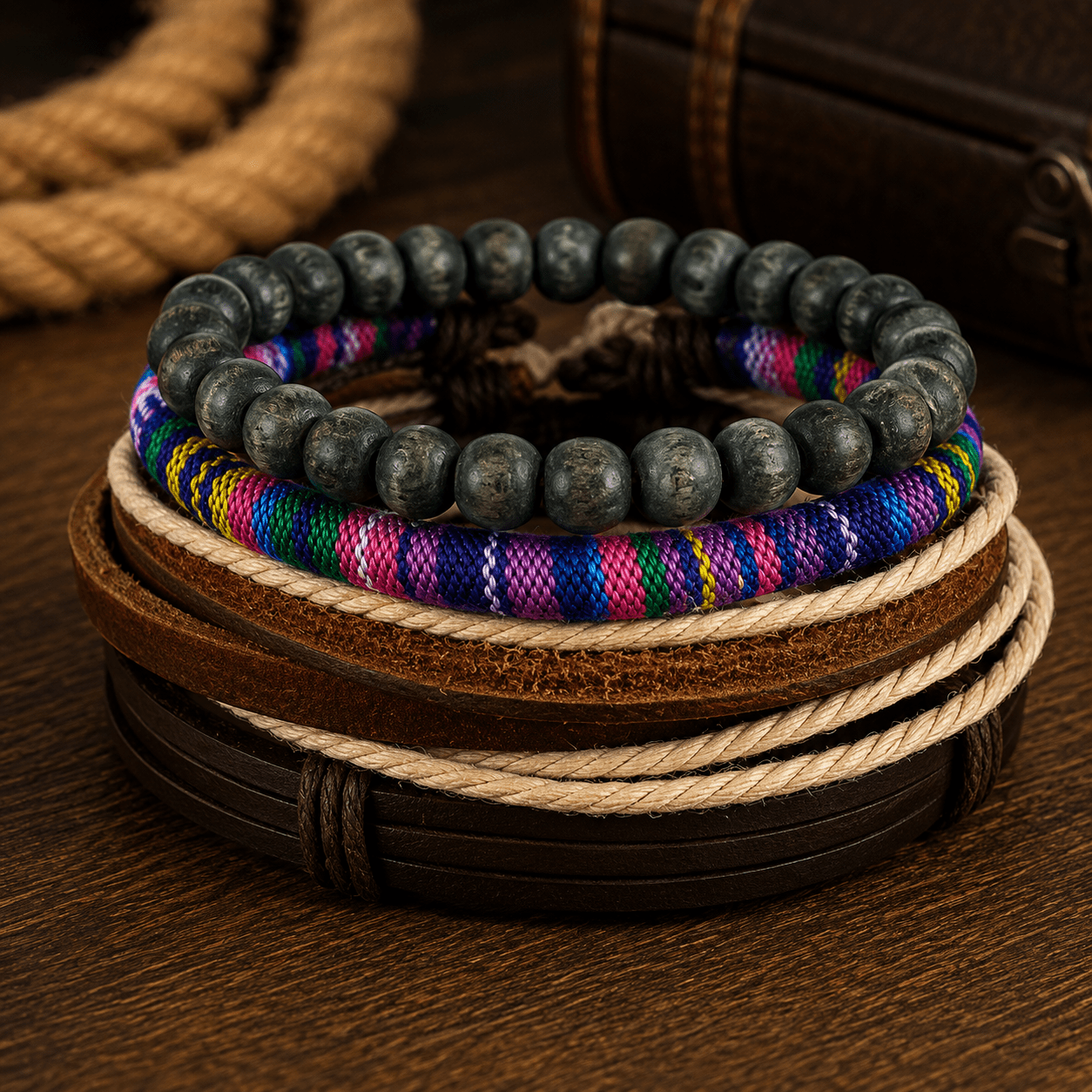 Adjustable Leather & Beaded Bracelet Set – Men’s & Unisex Stackable Jewelry - VibeVaultSupply