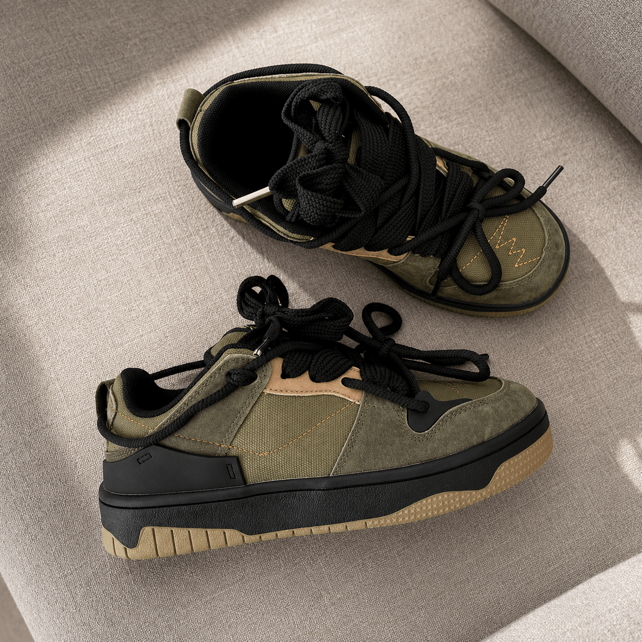 Chunky Lace - Up Sneakers: Breathable Mesh Casual Shoes – Lightweight Trainers (Black & Army Green) - VibeVaultSupply