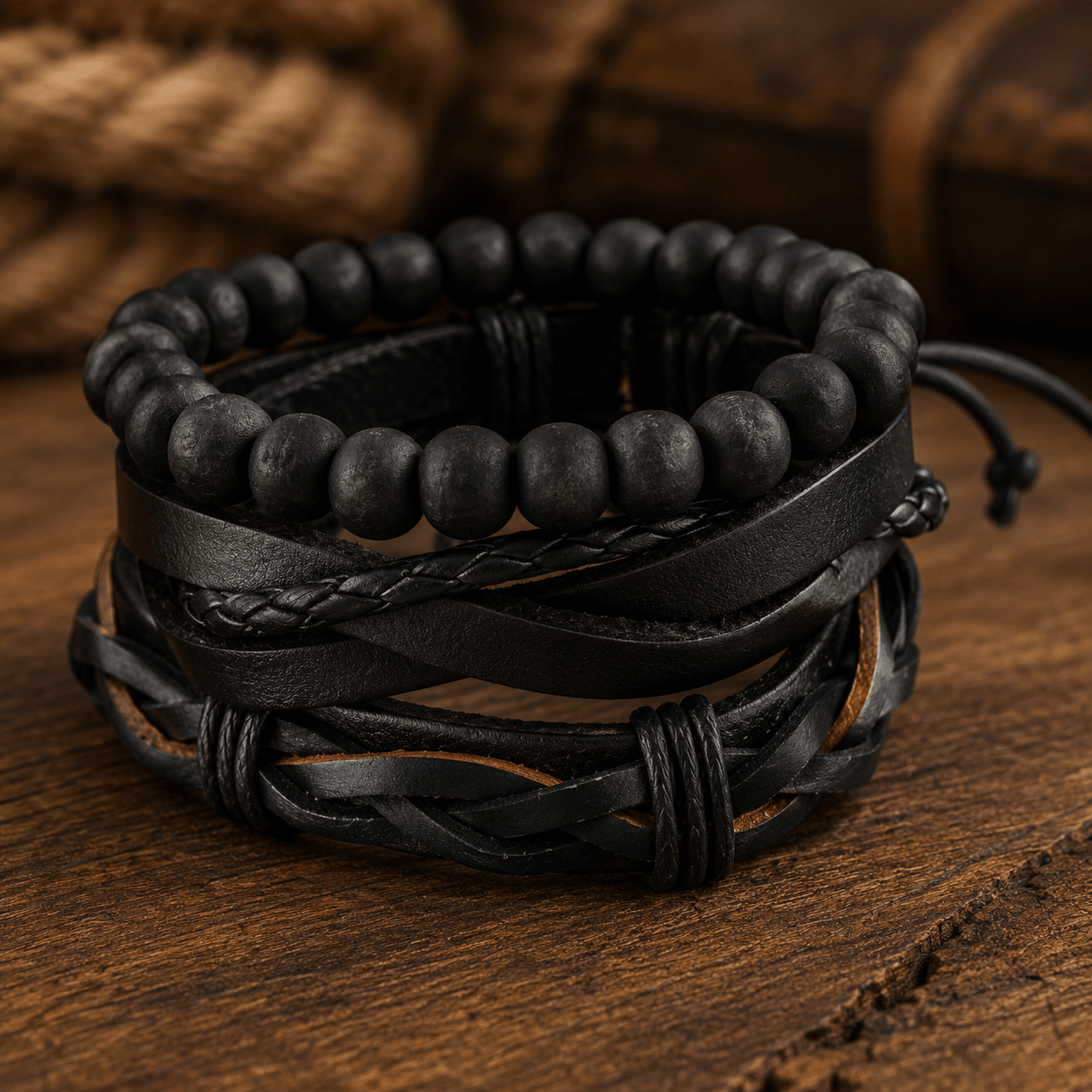 Adjustable Leather & Beaded Bracelet Set – Men’s & Unisex Stackable Jewelry - VibeVaultSupply