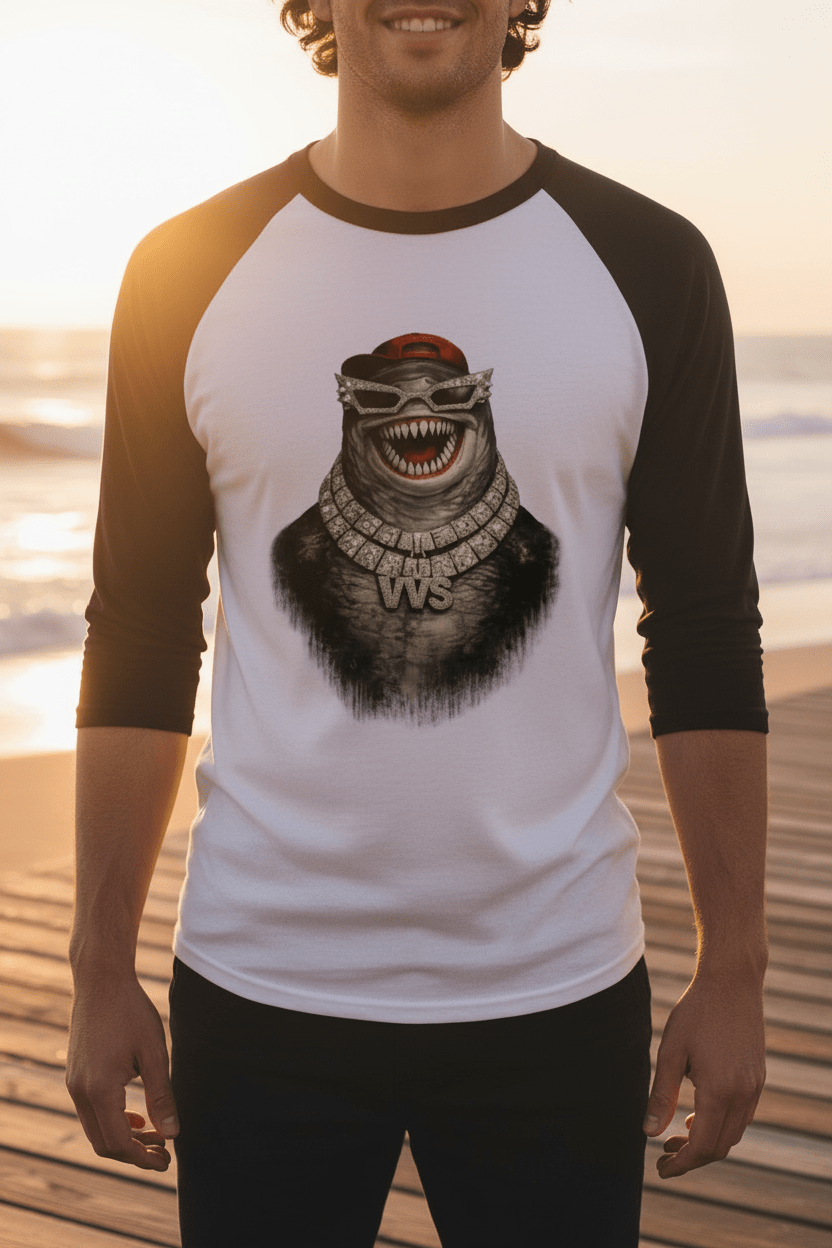 Shark Graphic Raglan T-Shirt – 3/4 Sleeve Baseball Tee | VibeVaultSupply - VibeVaultSupply