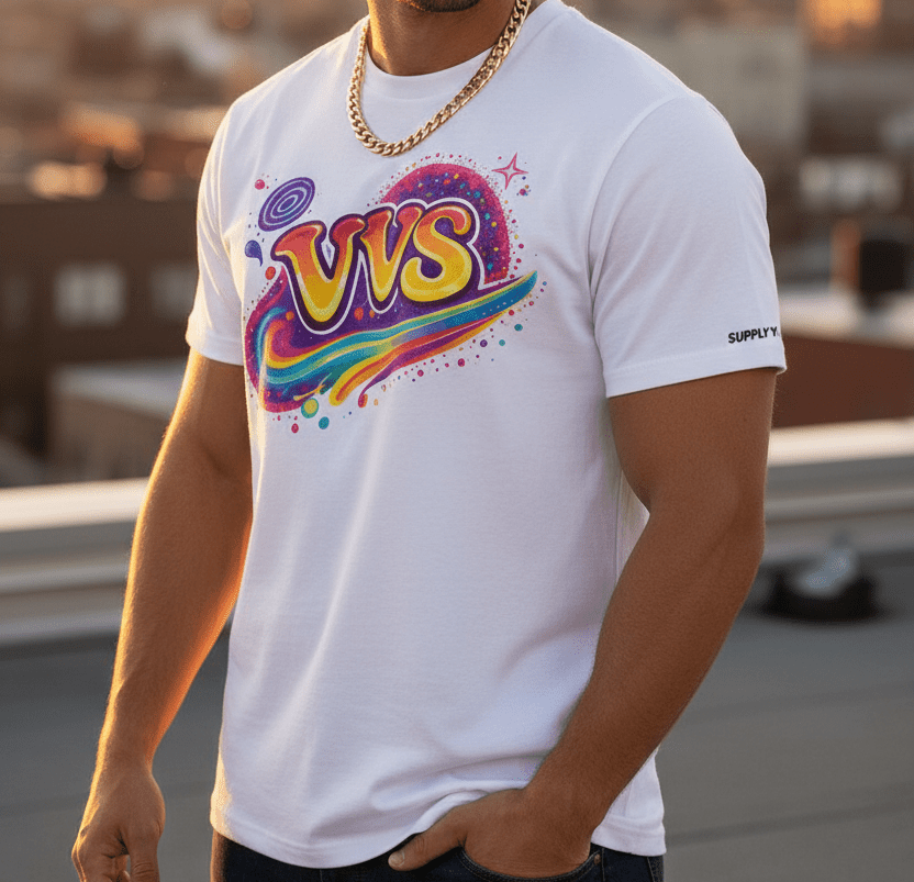 VVS Multicolor Retro Logo Graphic T-Shirt – Vintage Streetwear Tee | VibeVaultSupply - VibeVaultSupply